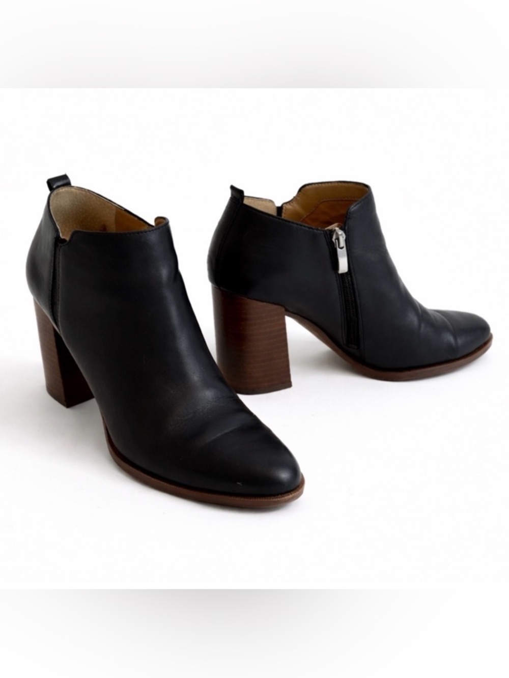 Franco Sarto • “Dante” Black Leather Booties Wooden Block Ankle Boots | size 9.5